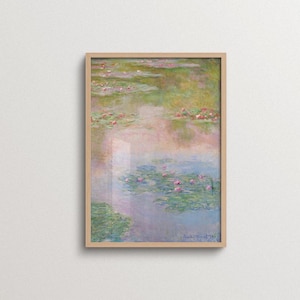 Pastel botanical wall decor in a natural wood frame, featuring soft blush pink, muted green, powder blue and lavender tones with an atmospheric pond landscape. A romantic vintage painting for cottagecore decor, English country interiors, eclectic homes, soft color wall decor, feminine bedroom styling, reading nooks and collected gallery walls.