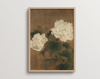 Vintage Japanese Floral Print, White Hibiscus Wall Art, Calm Botanical Decor for Living Room