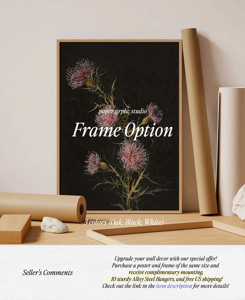 May include: A framed print of a botanical illustration of pink thistle flowers on a black background. The frame is available in oak, black, or white. The text "paper graphic studio" and "Frame Option" is visible on the print.