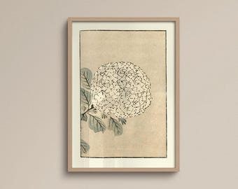 Hydrangea Woodblock Print | Framed Option | Japandi Wall Art, Vintage Botanical Poster, Wabi Sabi Decor, Floral Art Print, Neutral Tone