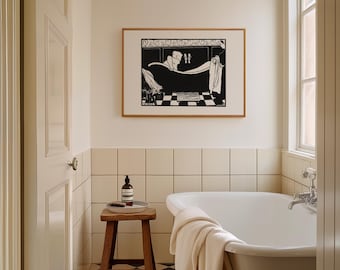 Vintage Bath Poster | FRAME option | Bathing poster, Felix Vallotton Wall art, Bath Time Decor, Horizontal Bathroom Print, Black Beige