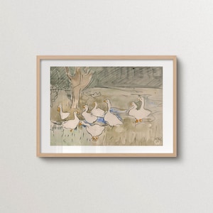 Vintage Ducks Print Geese Poster Birds Watercolor Painting Wall art Cottage Core Farmhouse Neutral Rustic Room Decor Swan Nursery Framed image 1