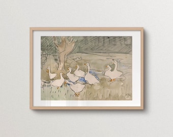 Vintage Ducks Print Geese Poster Birds Watercolor Painting Wall art Cottage Core Farmhouse Neutral Rustic Room Decor Swan Nursery Framed