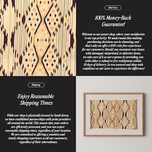 K&ouml;nnte beinhalten: Ein gerahmter Druck mit einem beige, rot und blau geometrischen Muster. Das Bild wird an einer wei&szlig;en Wand angezeigt. Der Text auf dem Bild enth&auml;lt "100% Geld-zur&uuml;ck-Garantie!" und "Genie&szlig;en Sie angemessene Versandzeiten."