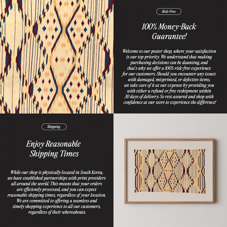 K&ouml;nnte beinhalten: Ein gerahmter Druck mit einem beige, rot und blau geometrischen Muster. Das Bild wird an einer wei&szlig;en Wand angezeigt. Der Text auf dem Bild enth&auml;lt "100% Geld-zur&uuml;ck-Garantie!" und "Genie&szlig;en Sie angemessene Versandzeiten."
