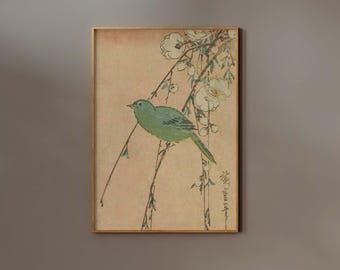 Japanese Woodblock Bird Wall art | FRAME option | Giclee, Antique Cherry Blossom Print, Minimalist Ukiyo-e Poster, Nature Japandi Decor