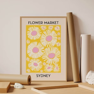 Flower Market Print | FRAME option | Yellow Floral Poster, Daisies Wall art, Boho Botanical, Aesthetic Room, Large Apartment Decor, Beige
