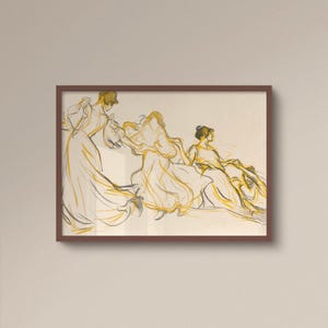 May include: Framed artwork featuring a sketch of three figures in flowing gowns. The figures are rendered in yellow and black lines on a cream background. The artwork is displayed in a brown frame.