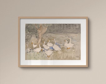 Vintage Ducks Print Geese Poster Birds Watercolor Painting Wall art Cottage Core Farmhouse Neutral Rustic Room Decor Swan Nursery Framed