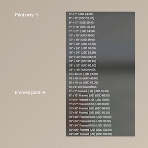 May include: A list of print sizes and framed print sizes with corresponding prices. Sizes range from 5x7 inches to 24x36 inches for prints, and framed prints are also available in similar sizes.