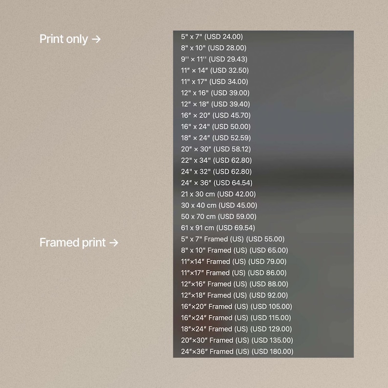 May include: A list of print sizes and framed print sizes with corresponding prices. Sizes range from 5x7 inches to 24x36 inches for prints, and framed prints are also available in similar sizes.