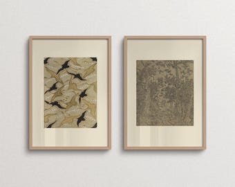 Neutral Wall Art Set of 2, Beige Brown Botanical Prints, Japandi Living Room Decor