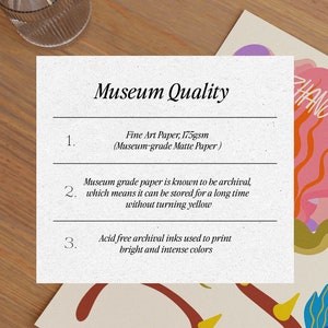 May include: Museum Quality Fine Art Paper, 175gsm (Museum-grade Matte Paper). Museum grade paper is known to be archival, which means it can be stored for a long time without turning yellow. Acid free archival inks used to print bright and intense colors.