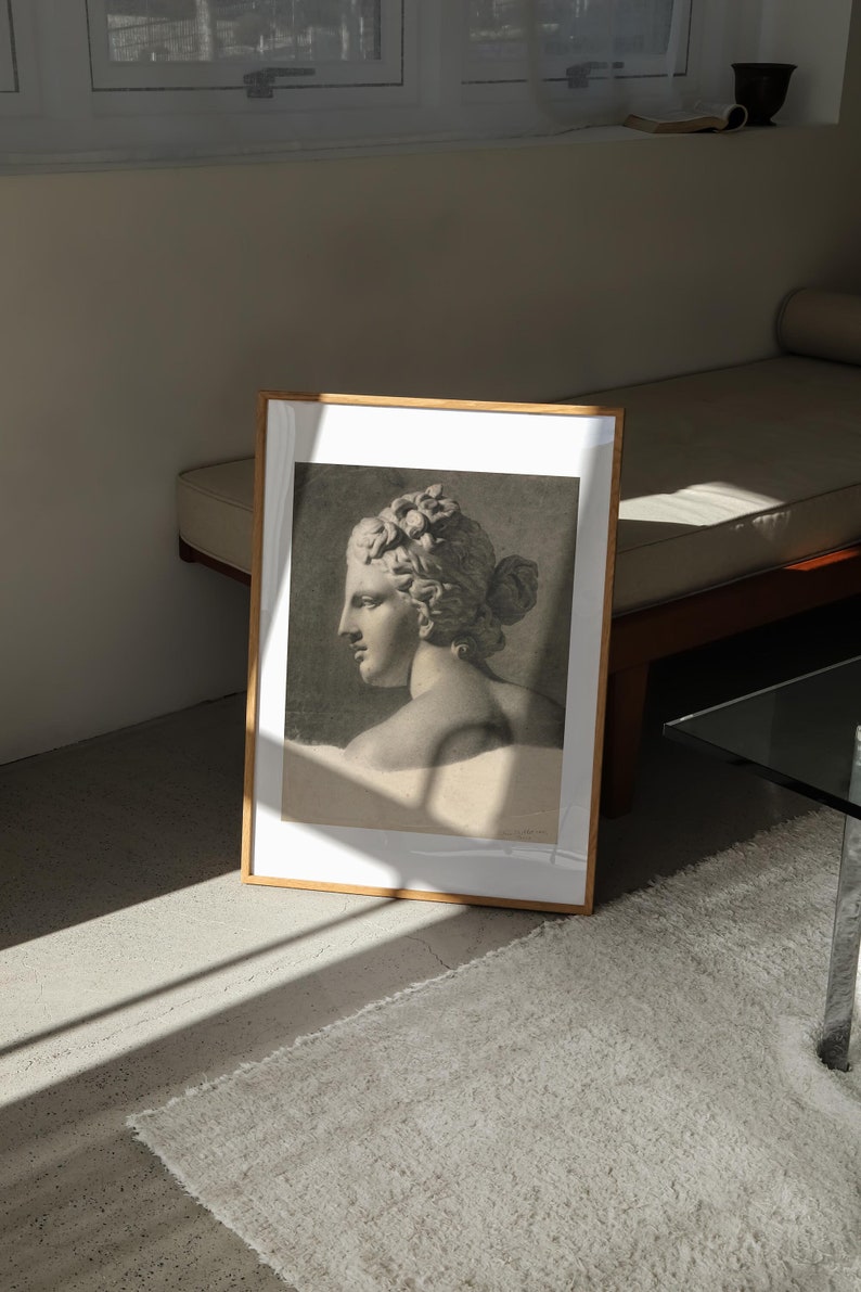 May include: A framed black and white print of a classical sculpture of a woman's head and shoulders. The sculpture is in profile and the woman has her hair pulled back in a bun. The frame is a light wood color.
