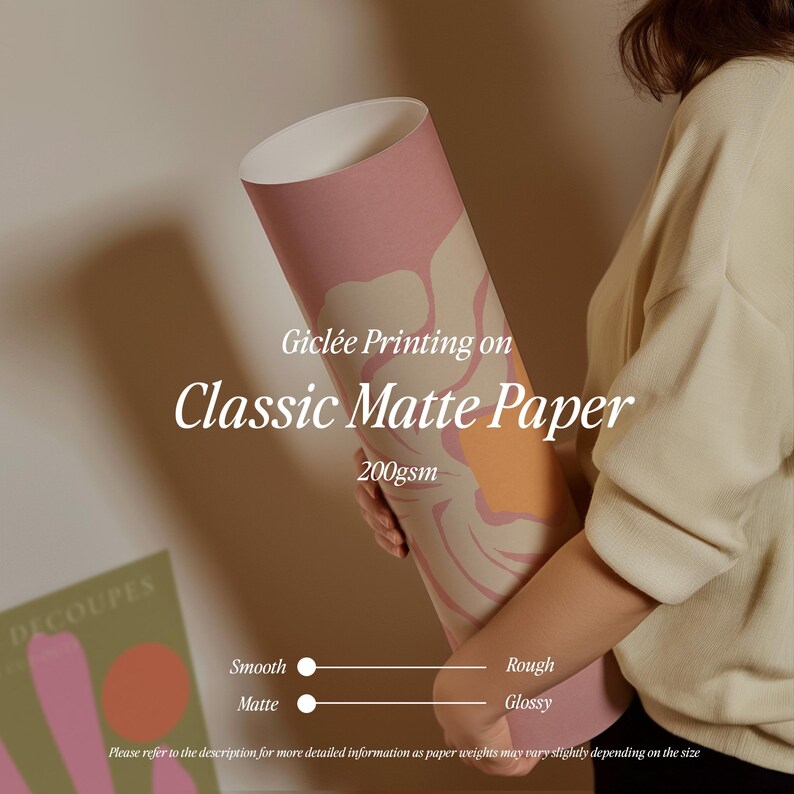 May include: A rolled up print of a pink and orange abstract design on a classic matte paper. The paper is 200gsm and is available in smooth or rough finishes. Gicl&eacute;e Printing on Classic Matte Paper 200gsm.