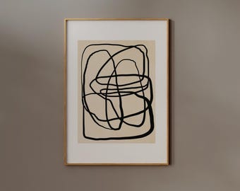 Abstract Scribble Line Print Black Beige White Wall art Minimalist Modern Japandi Drawing Poster Neutral Squiggle Artwork Simple Stroke Room