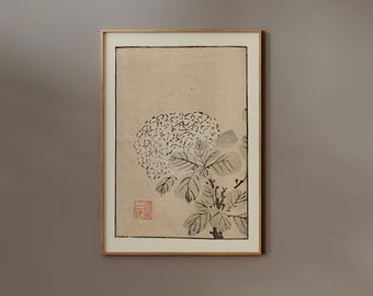 Japanese Botanical Wall Art | Framed Option | Sage Green Ink Floral Print for Japandi / Wabi-Sabi Decor | Minimal Garden Study
