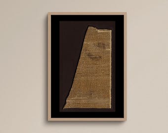 May include: A framed wall art piece featuring a textured, tan-colored fabric fragment with a repeating pattern. The fabric has an irregular, torn-like edge on the left side and is mounted against a dark brown background within a light wood frame.