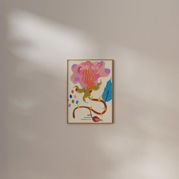 Weird Pink Flower Print Retro Funky Home Decor Kawaii Maximalist Wall art Trendy Abstract Floral Poster Colorful Y2k Vintage Indie Room