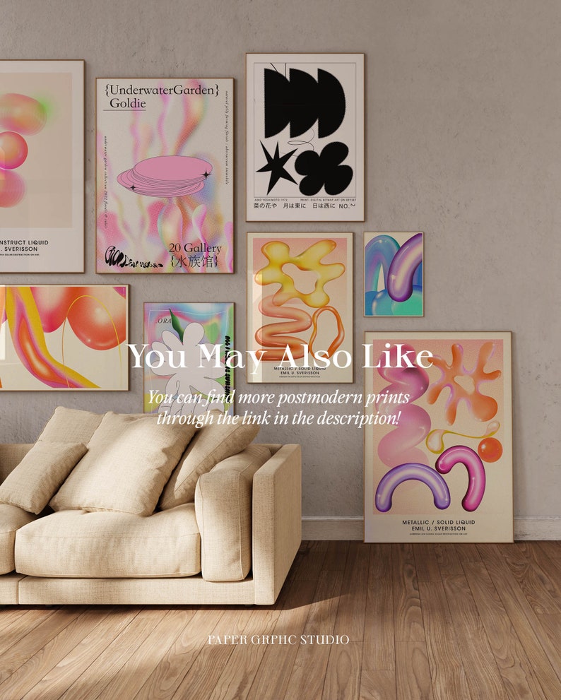 May include: A living room interior with a beige sofa and several colorful abstract art prints on the wall. The prints feature geometric shapes and gradients in pink, purple, orange, and yellow. The text on the prints reads "{UnderwaterGarden} Goldie", "20 Gallery 水族", "METALLIC/SOLID LIQUID EMIL U. SVERISSON", and "You May Also Like You can find more postmodern prints through the link in the description!"