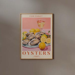 Stampa di un dipinto di ostriche con limone, poster di cibo rosa, arte scaricabile, arredamento da cucina alla moda stampabile, estetica culinaria colorata Home Affiche