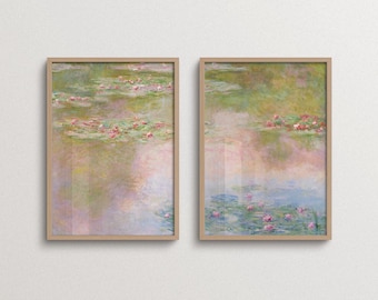 Wall Art Set of 2, Monet Water Lilies, Pink Green Impressionist Floral Prints
