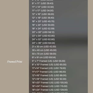 May include: A price list for prints and framed prints, with sizes ranging from 5" x 7" to 24" x 36". The text includes prices in USD for both print-only and framed options. The background is a solid, neutral color.