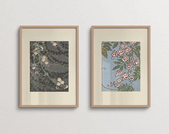 Japandi Wall Art Set of 2, Vintage Botanical Prints, Neutral Floral Decor for Bedroom Living Room