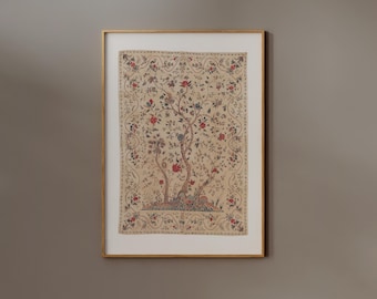 Vintage Textile Poster | FRAME option | Antique Fabric Print, Neutral Tapestry Wall art, Light Academia Decor, Flower Pattern, Large Affiche