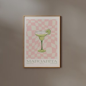 Cocktail Print Bar Cart Wall art Margarita Trendy Drink illustration Poster Pink Green Checkered Danish Pastel Cute Kitchen Dorm Room Decor