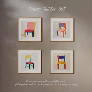 Printable Set of 4 Chair Print, Square Colorful Painting, Gallery Furniture Wall art, Simple Drawing Poster, Living Room Decor, Gift for her