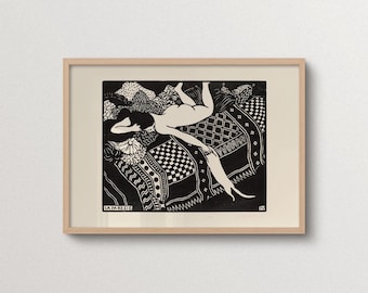 Vintage Women and Cat Wall art | FRAME option | La Paresse, Laziness, Horizontal Print, Black Beige, Felix Vallotton Poster, French Artist
