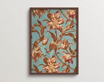 Blue Floral Wall Art, Vintage Botanical Pattern Print, Teal Brown Decor for Bedroom Living Room