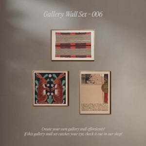 May include: A gallery wall set with three framed prints. The top print features a geometric pattern in shades of red, brown, and white. The left print features two brown rabbits with white flowers and green leaves. The right print features a vintage poster with the text "EKUSTAMIS TEIVING DECESSIONS GARTENIN".