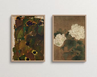 Set of 2 Floral Prints, Moody Vintage Wall Art, Egon Schiele Sunflower Poster, White Flower Decor for Bedroom Living Room