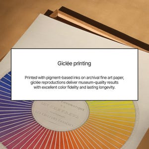 May include: A gicl&eacute;e print showcasing a colour wheel with a spectrum of hues. The text "Gicl&eacute;e printing" is displayed above the colour wheel, with text describing the printing process and quality. The print is on archival fine art paper.