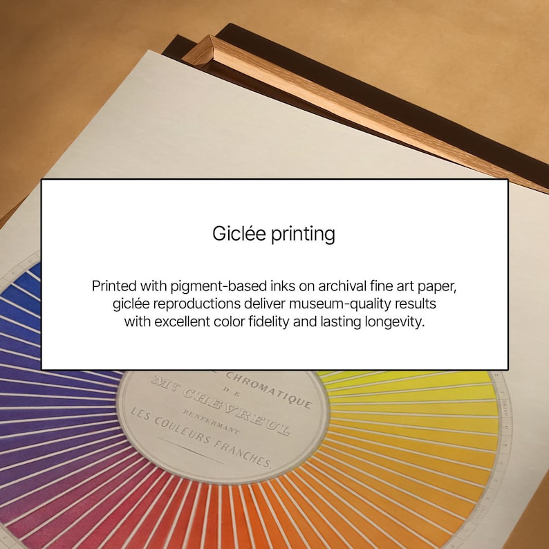May include: A gicl&eacute;e print showcasing a colour wheel with a spectrum of hues. The text "Gicl&eacute;e printing" is displayed above the colour wheel, with text describing the printing process and quality. The print is on archival fine art paper.