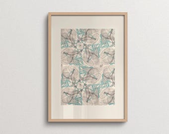 Mid Century Modern Wall Art, Teal Abstract Print, Geometric Retro Poster for Living Room
