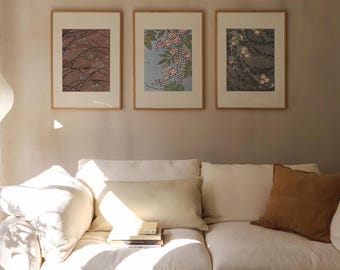 Set of 3 Botanical Prints, Japandi Wall Decor, Soft Vintage Floral Art for Bedroom Living Room
