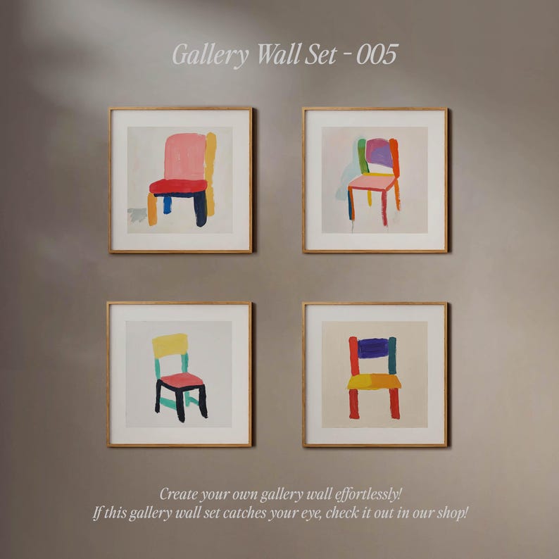 May include: Set of four colorful abstract paintings of chairs, each with a different color scheme. The paintings are framed in a simple wooden frame and are arranged in a grid pattern. The title "Gallery Wall Set - 005" is displayed at the top of the image.