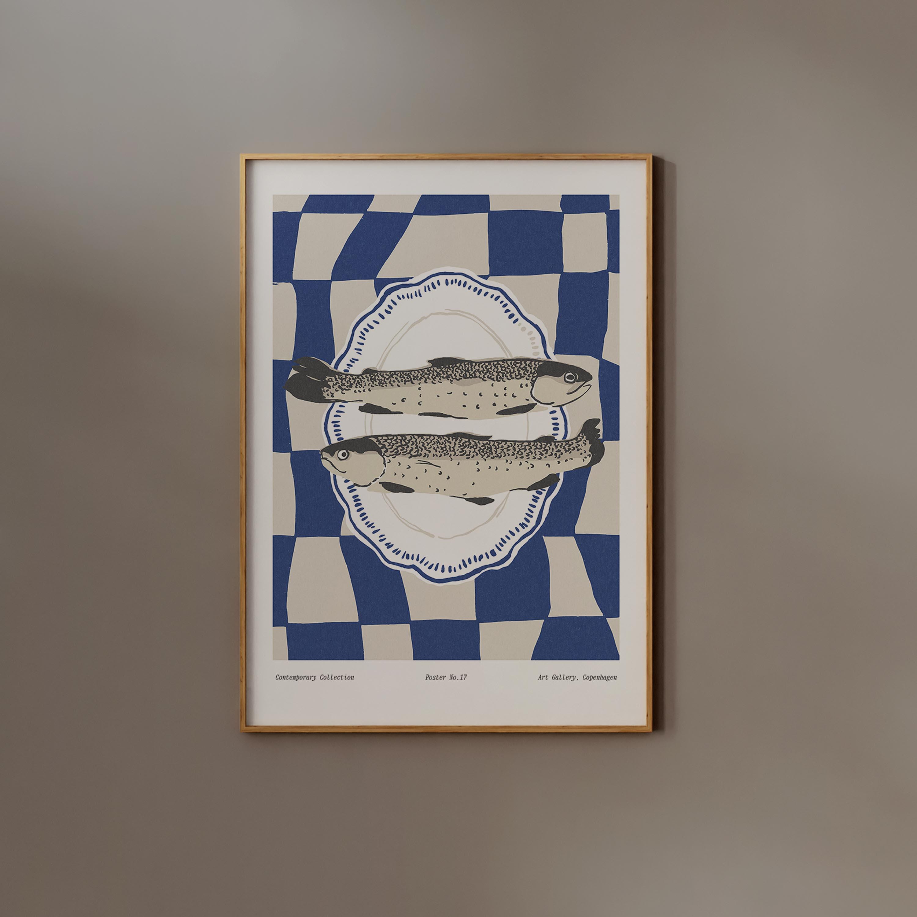Sardine Print Digital Download Fish Poster Vintage Seafood Food illustration Printable Trendy Kitchen Wall art Blue Groovy Checkered Dining