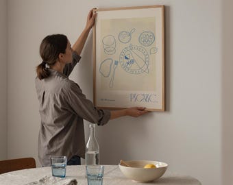 Impresión artística de Picnic Line, póster minimalista con ilustración de comida para decorar la pared de la cocina.