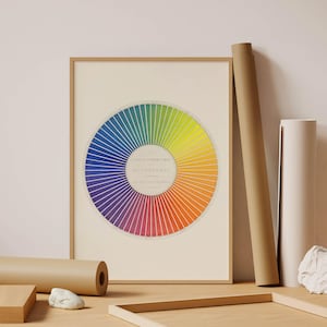 Color spectrum poster in a natural wood frame featuring a geometric circular arrangement of saturated blue, green, yellow, orange, red and purple tones. Bold graphic wall art for modern interiors, Bauhaus inspired decor, mid century spaces, design studios and contemporary homes needing a colorful statement print.