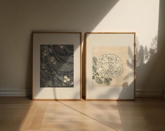 Botanical Wall Art Set of 2, Sage Green Floral Prints, Japandi Bedroom Decor