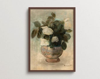 White Rose Wall Art, Tadeusz Makowski Floral Print, Vintage Still Life Poster, Sage Green Decor