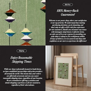 May include: A framed art print featuring a repeating pattern of abstract shapes in shades of green, brown, and white. The print is displayed on a wooden chair, showcasing a minimalist aesthetic. The image also includes text about a money-back guarantee.