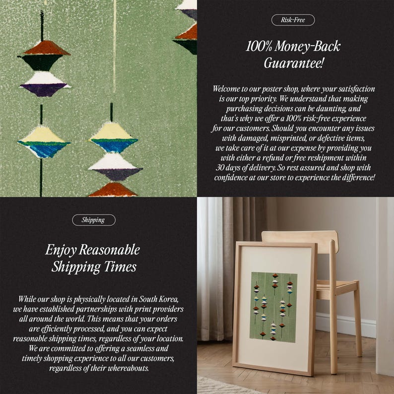 May include: A framed art print featuring a repeating pattern of abstract shapes in shades of green, brown, and white. The print is displayed on a wooden chair, showcasing a minimalist aesthetic. The image also includes text about a money-back guarantee.