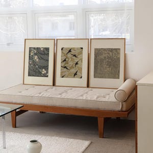Curated gallery wall collection featuring three framed vintage art prints, styled for collected homes, designer interiors and layered wall decor