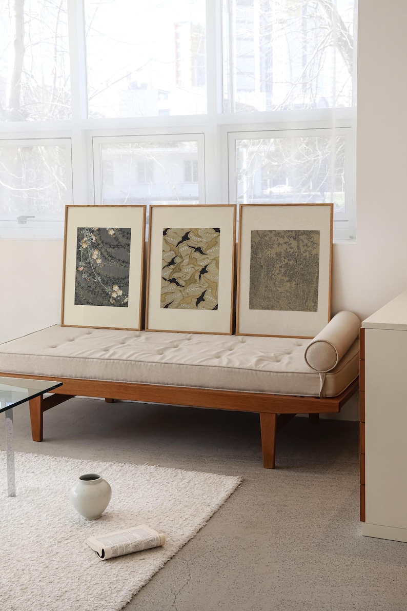 Curated gallery wall collection featuring three framed vintage art prints, styled for collected homes, designer interiors and layered wall decor