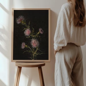 May include: A framed print of a botanical illustration featuring a cluster of pink thistle flowers on a black background.